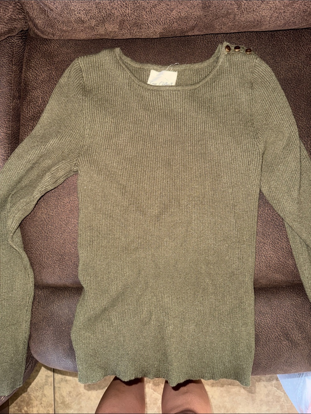 Easy clothes brand Classic Olive Ribbed Button-Shoulder Women’s Sweater